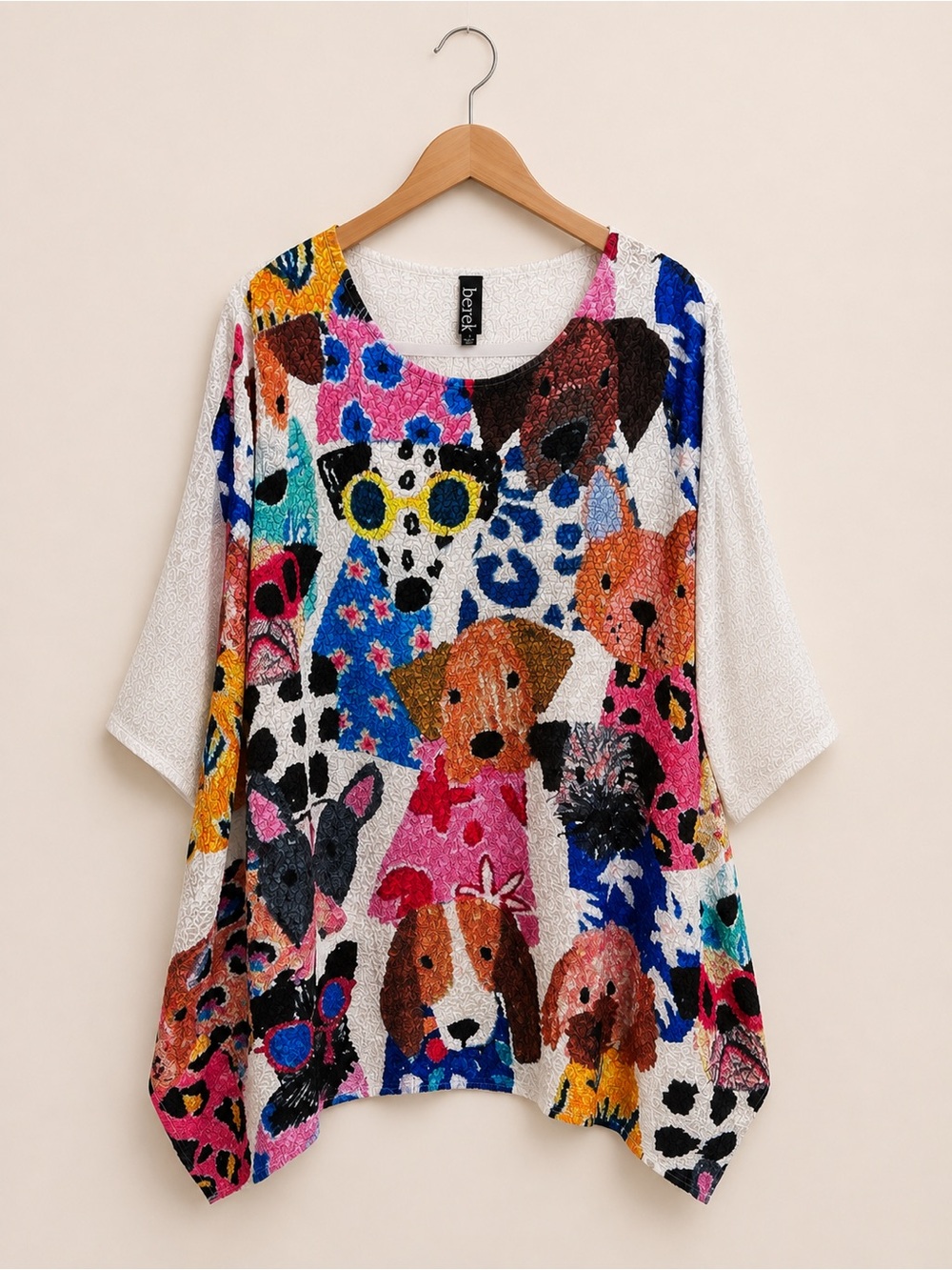 Berek Size 3 Crinkle Puppy Dog Print Tunic Top Dolman Sleeve Asymmetrical Hem